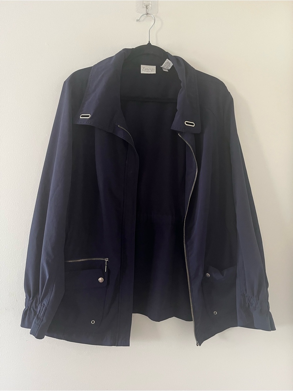 Chico's Zenergy Navy Blue Utility Jacket Large Travel Athleisure Minimalist